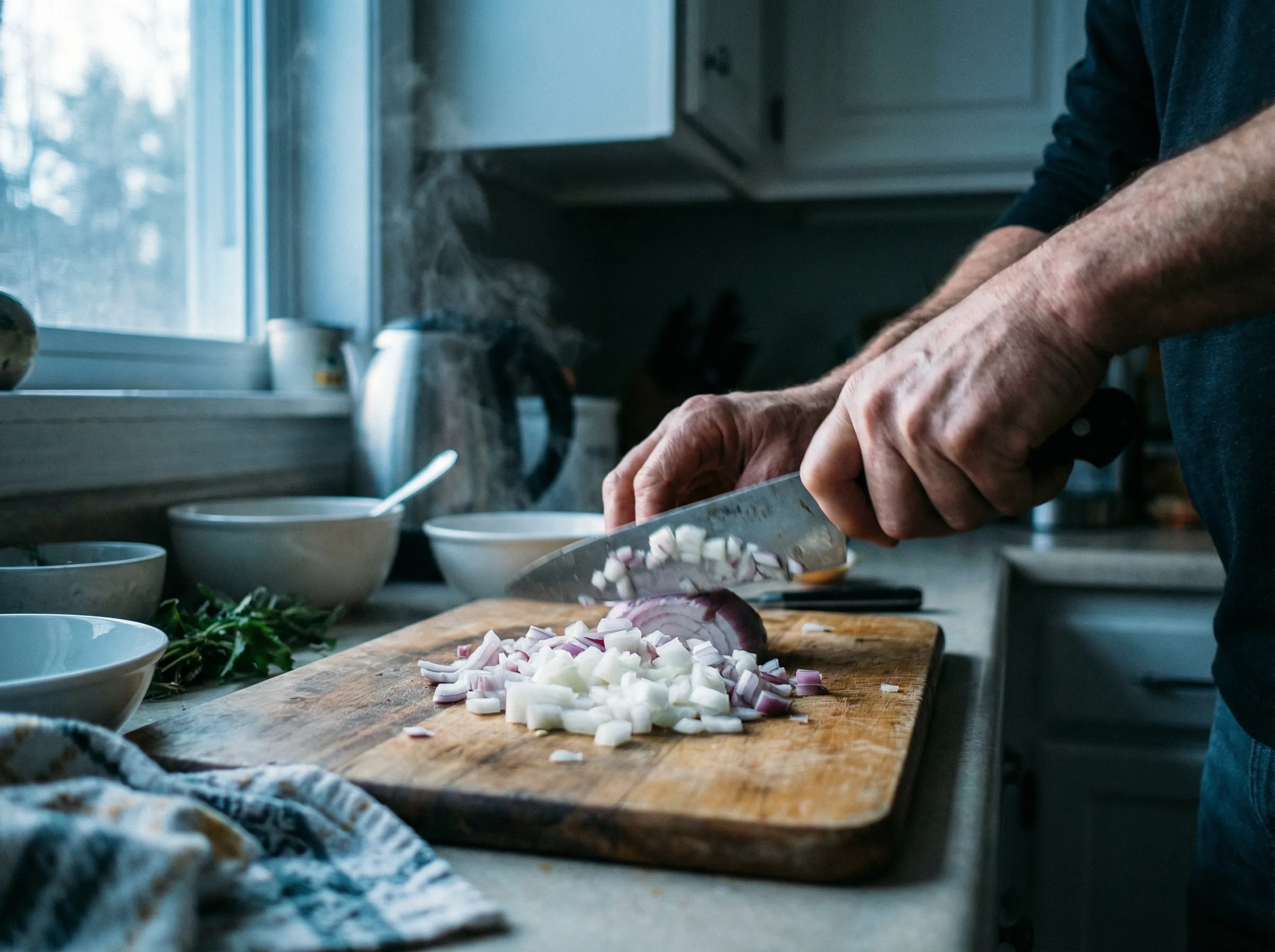 Hands chopping vegetables — kitchen environment data